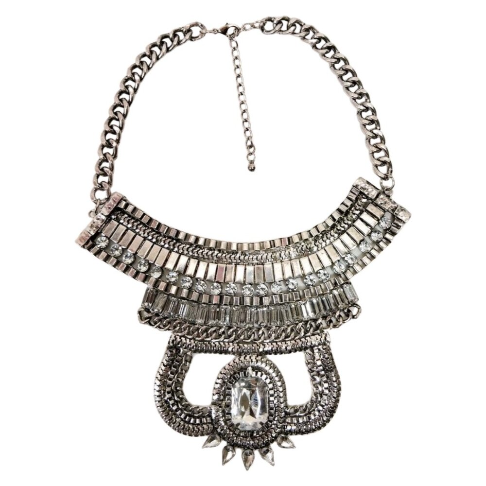 Chunky Dramatic 17.5" Silver Tone Crystal Adorned Statement Necklace JN1470